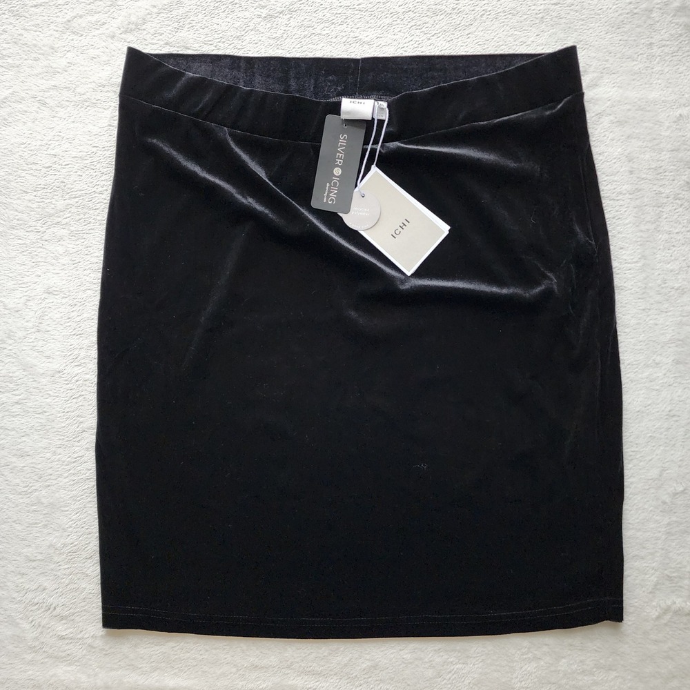 NEW ICHI Velvet Skirt Womens XXL Black Elastic Waist Goth Whimsigoth Witchy
